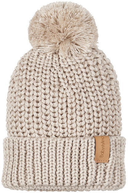 Knitted pompom mutsje (sand)