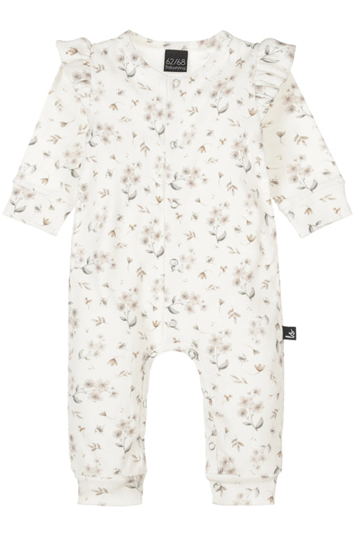 Rüschen-Playsuit, gerippt, geblümt, Sarah Beige Elfenbein