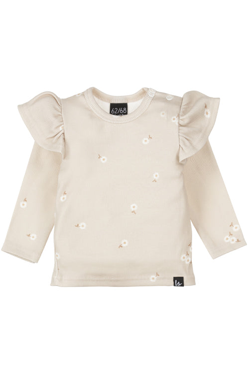 Rüschenärmel, Gänseblümchenmuster, beige Rippstrick